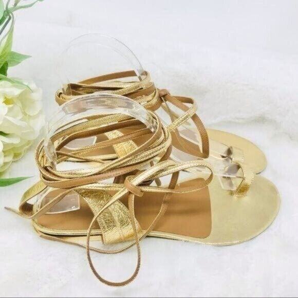 Laurence Bras Sandals Gold Wrap Gladiator Around Leather Single Toe, 7 NEW - Picture 4 of 10